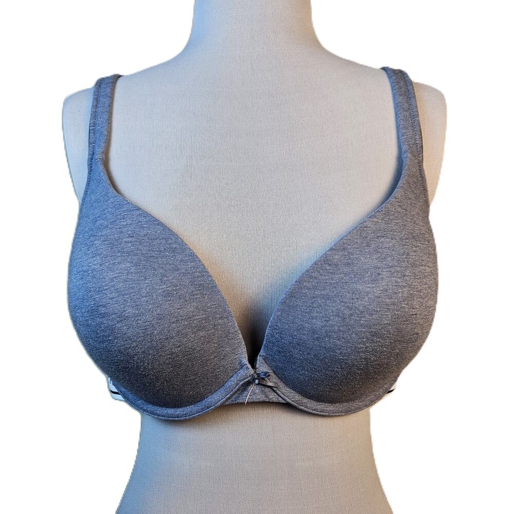 Lane Bryant Cacique Boost Plunge Bra 40DD Gray Cotton Jersey Push-up Underwire